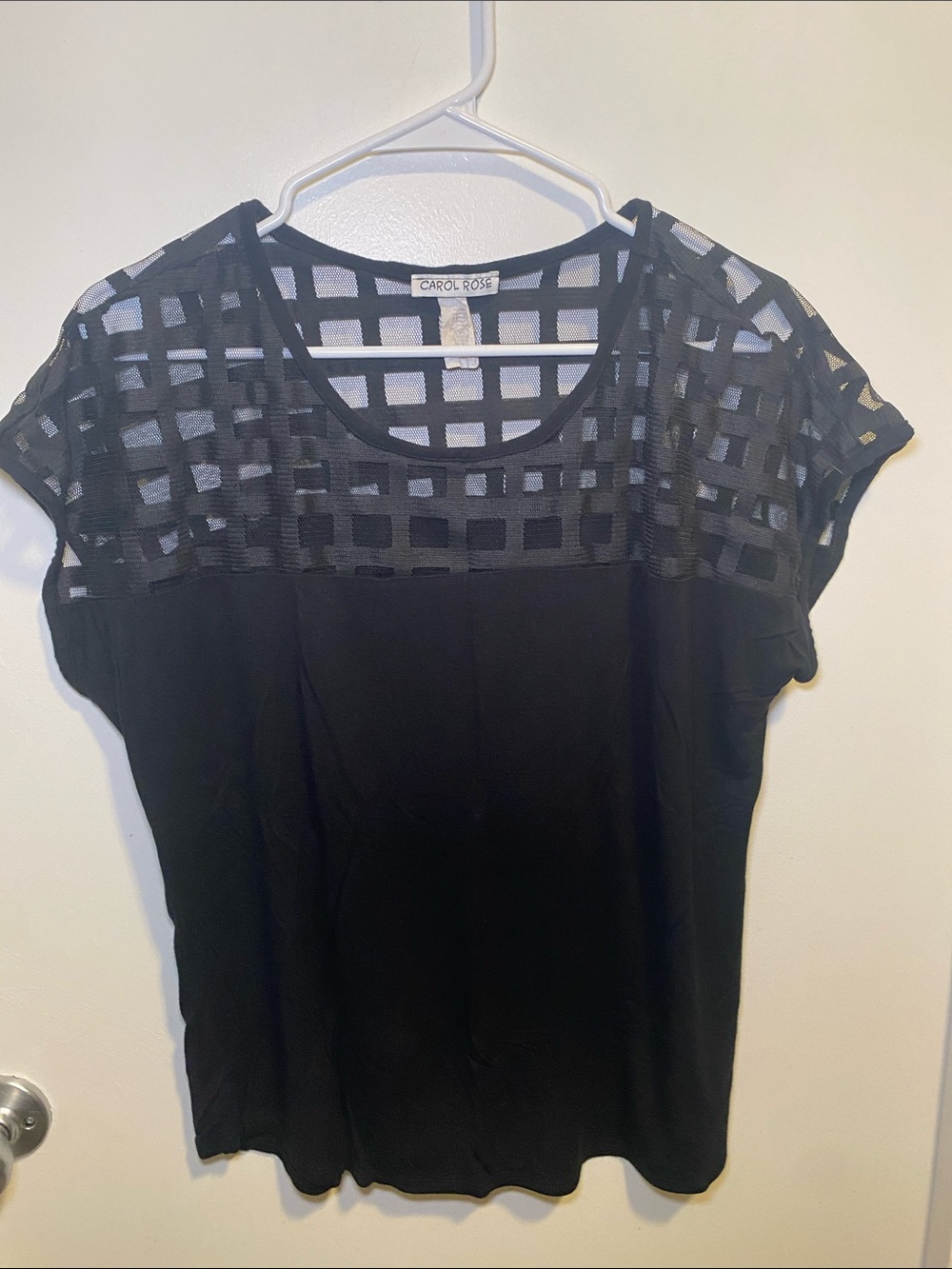 Carol Rose Black Sheer Grid Yoke Short Sleeve Top